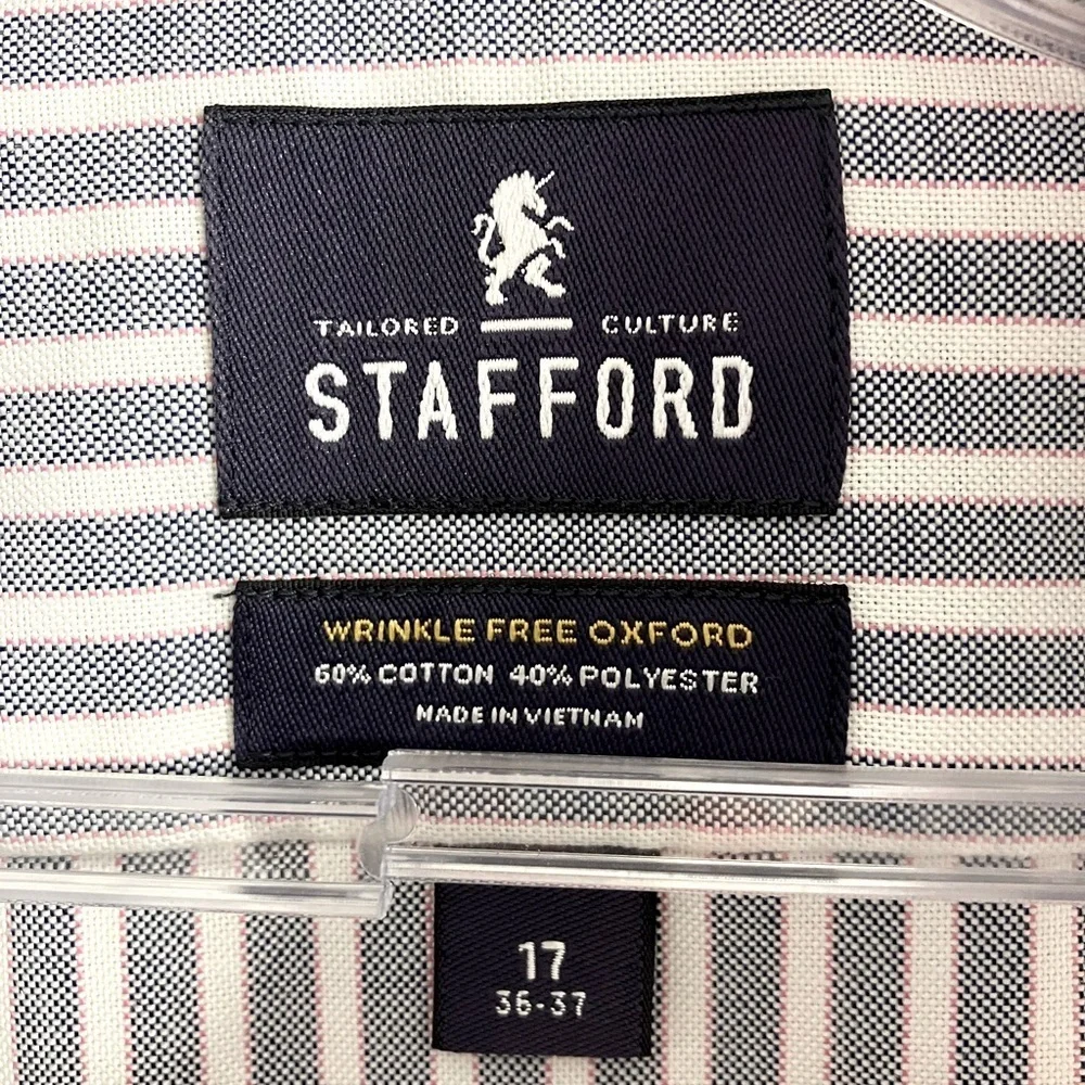Wrinkle Free Oxford Men’s Fitted Dress Shirt, 17/ 36-37, Blue/White, Stafford